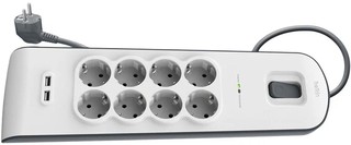 Сетевой фильтр Belkin 8 розеток/2xUSB, макс 900Дж 2м (BSV804vf2M), белый-серый